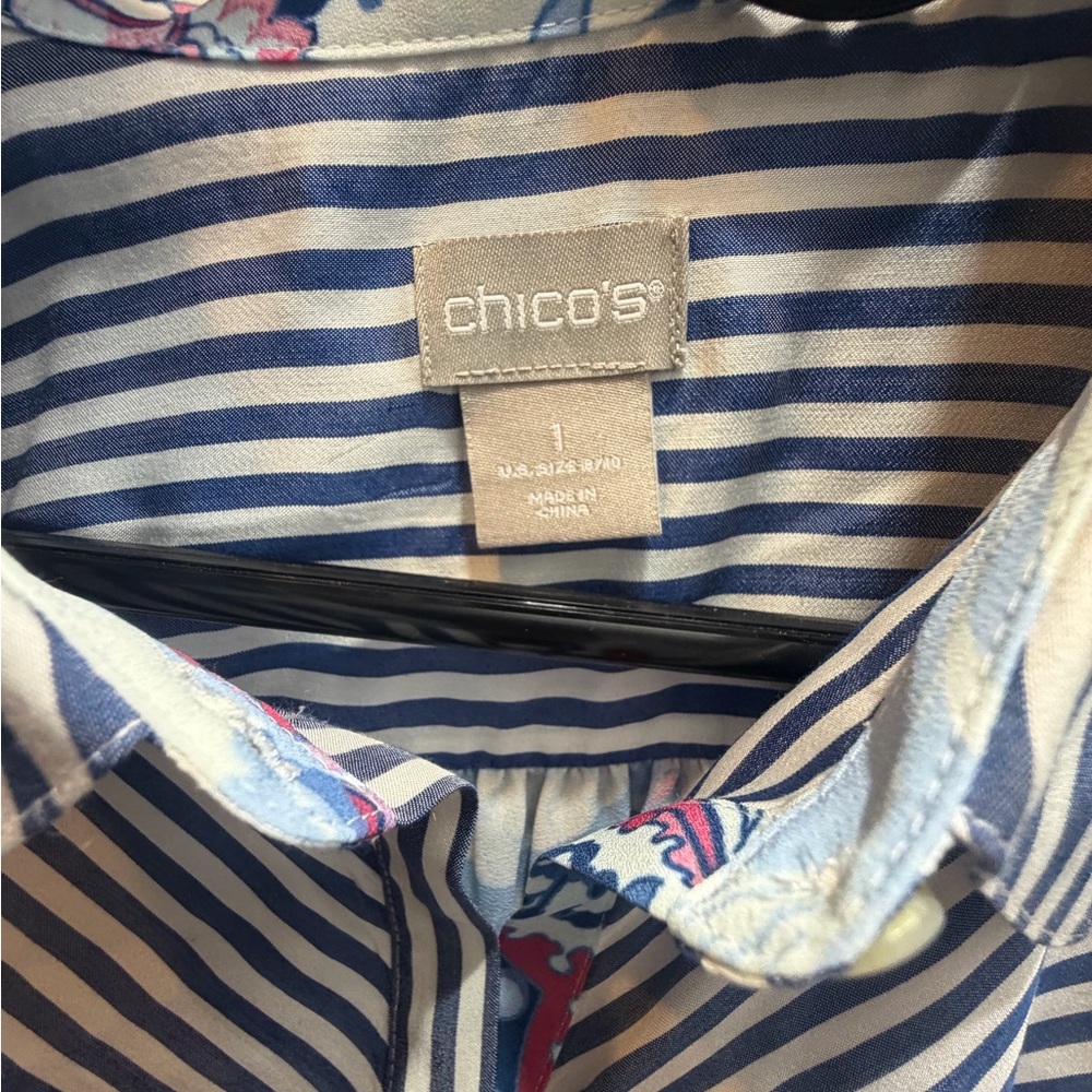 Chico's Navy and White Striped Button-Front Shirt with Floral Trim
